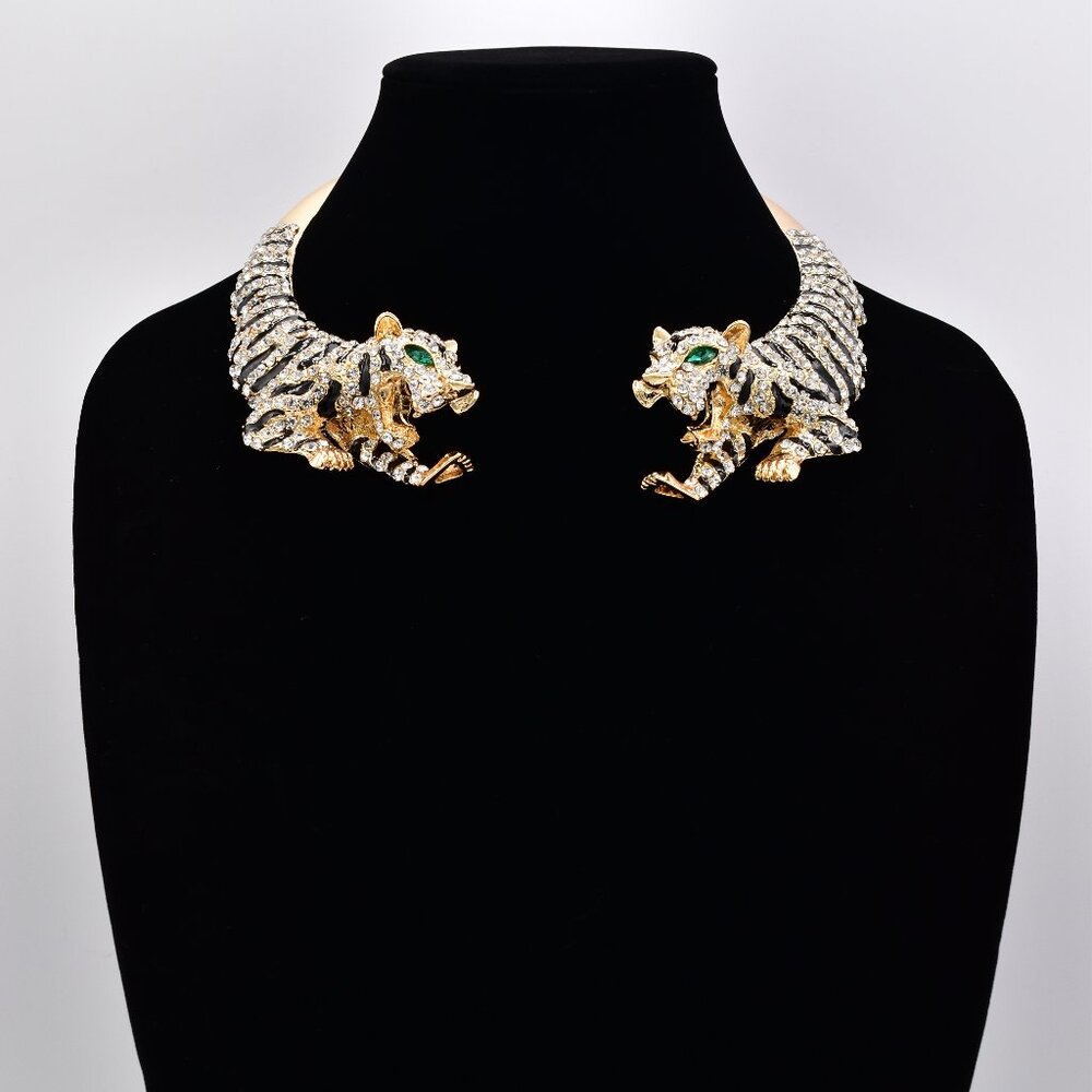 Gold and Silver Tiger Collar Necklace with Emerald Accent